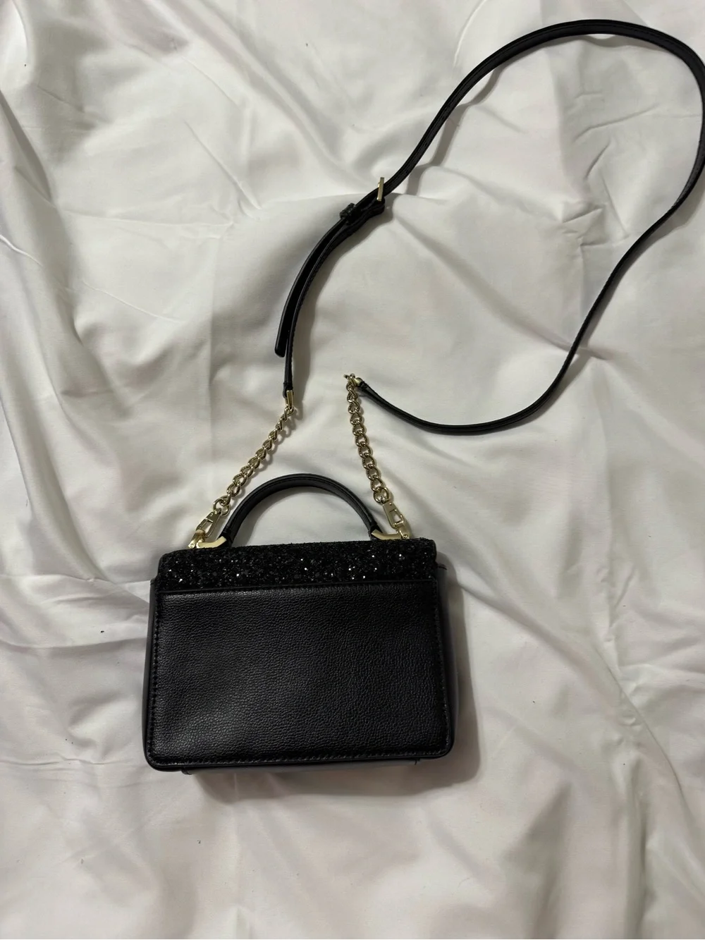 Kate Spade New York Black Glitter Crossbody Satchel Bag Gold Chain Strap - Picture 4 of 5
